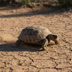 Obraz premium A resilient desert tortoise slowly navigating the harsh, dry, cracked earth and dusty environment under intense sunlight ,heat ,desert ,nature