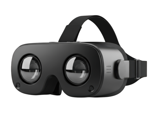 Modern black head mounted display device featuring prominent lenses and adjustable straps isolated on a white background