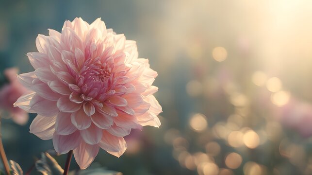 Close-up of a beautiful pink dahlia flower blooming in a garden with soft sunlight. - Powered by Adobe