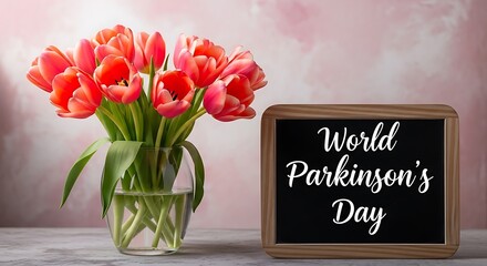 Chalkboard sign with world parkinsons day text, next to a vibrant bouquet of red tulips, symbolizing hope and awareness