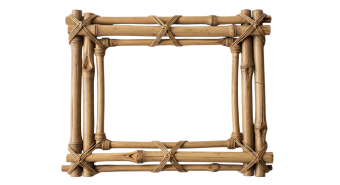 Rustic Natural Bamboo Stick Picture Frame Hand Tied with Rope isolated on Transparent Background
