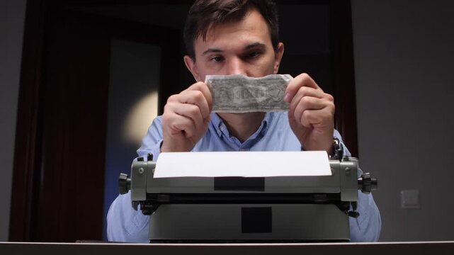 Man holding a dollar bill to his mouth, censoring his words while a vintage typewriter with a blank sheet waits for creative expression, symbolizing censorship and financial influence on artists