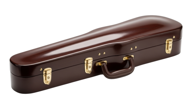 Dark Brown Glossy Violin Hard Case Product Shot with Brass Clasps and Handle isolated on Transparent Background