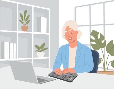 World Braille Day. Person reads something in braille. Smiling blind woman uses a computer with an updated Braille display or Braille terminal. Vector flat illustration.