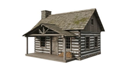 Rustic Wooden Log Cabin House with Porch and Stone Chimney isolated on Transparent Background