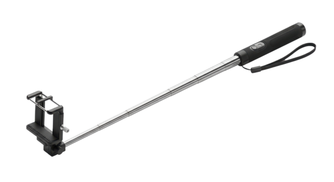 Extendable Silver Selfie Stick Monopod with Smartphone Clamp Product Shot isolated on Transparent Background