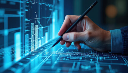 Person hand uses pen on glowing blue digital screen. Screen shows various data charts, graphs, technical designs. Represents modern data analysis, financial planning, engineering tech. Business