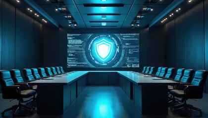 Modern dark boardroom displays large screen with bright digital shield icon. Data and code surround tech symbol. Empty chairs wait for cyber security business meeting, planning corporate strategy.