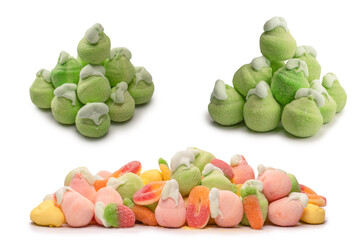 Green marshmallow candy isolated on  white background.