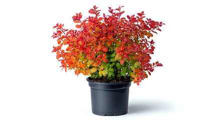 Naklejka premium Vibrant red Japanese maple shrub in black nursery pot, displaying autumn foliage with gradient of crimson to orange leaves against white background for landscaping projects.