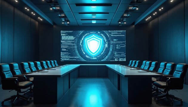 Modern dark boardroom displays large screen with bright digital shield icon. Data and code surround tech symbol. Empty chairs wait for cyber security business meeting, planning corporate strategy.