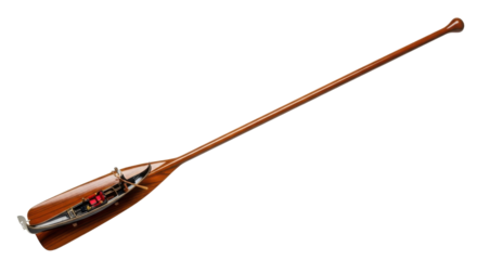 Detailed Conceptual Wooden Rowing Oar with Miniature Boat Structure Inside Blade isolated on Transparent Background