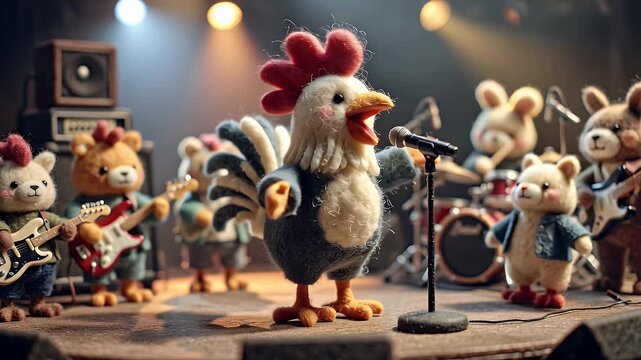 Charming Plush Animal Band Performing on Stage with a Vocal Rooster and Colorful Lights