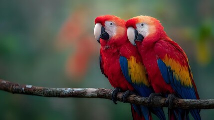 Obraz premium Two vibrant scarlet macaws perched together on branch, showcasing brilliant red plumage with yellow and blue wing feathers against blurred tropical background.