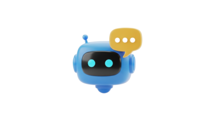 Cute Blue AI Chatbot Robot Head 3D Render with Yellow Thinking Speech Bubble isolated on Transparent Background