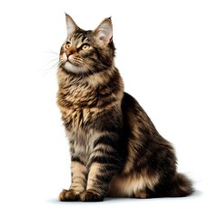 Obraz premium Majestic Maine Coon cat with brown tabby fur sitting upright on white background, isolated for pet photography, veterinary, or animal care designs.