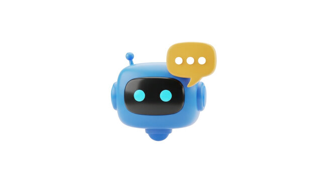 Cute Blue AI Chatbot Robot Head 3D Render with Yellow Thinking Speech Bubble isolated on Transparent Background - Powered by Adobe