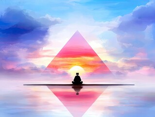 A solitary figure in silhouette sits cross-legged on a flat, dark platform that extends across a reflective body of water. A large, translucent pink triangle ov