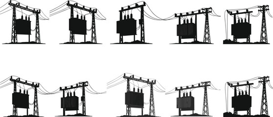 Electrical transformer silhouettes, utility pole structures, power distribution network, energy grid equipment, voltage insulators, electricity infrastructure technical design, flat vector