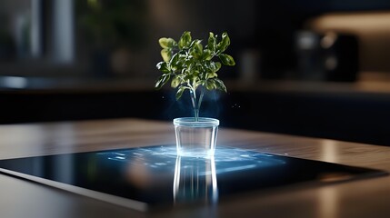 Small green plant in transparent pot on futuristic digital tablet with glowing blue interface, creating modern tech-nature fusion in dark kitchen setting.