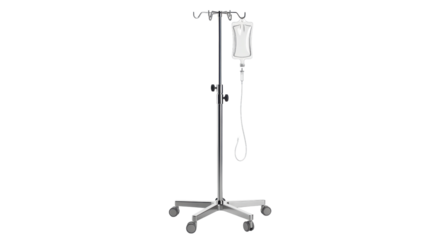 Realistic 3D Render of Metal IV Pole Stand with Hanging Intravenous Drip Bag isolated on Transparent Background