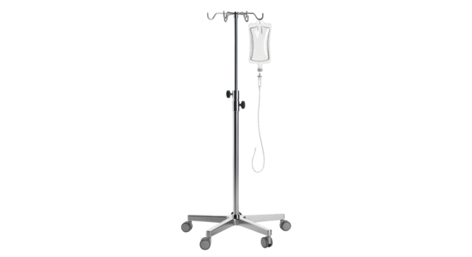 Realistic 3D Render of Metal IV Pole Stand with Hanging Intravenous Drip Bag isolated on Transparent Background