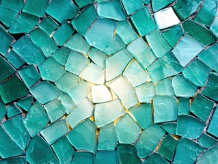 A close-up, overhead view of a mosaic made of irregular, broken pieces of green glass. The pieces are arranged in a circular pattern with a bright light source