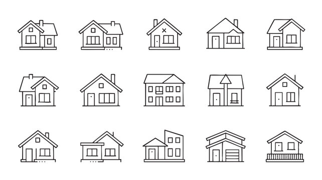 Array of residential house outline icons in various designs