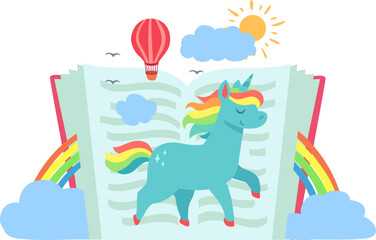 Unicorn walking out of storybook with fantasy elements