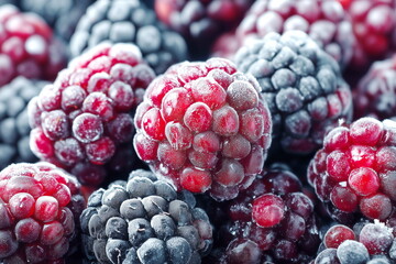 Background of frozen blackberries. Advertisement for frozen berries and fruits.