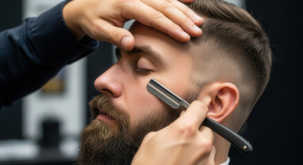 Male barber styling an Italian beard with a straight razor, showcasing precision grooming techniques in a modern barbershop environment with stylish decor and tools