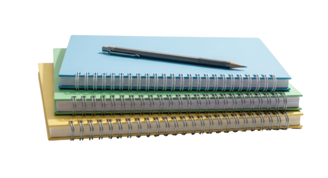 Stack of three colorful spiral wire bound notebooks with a mechanical pencil on top isolated on Transparent Background