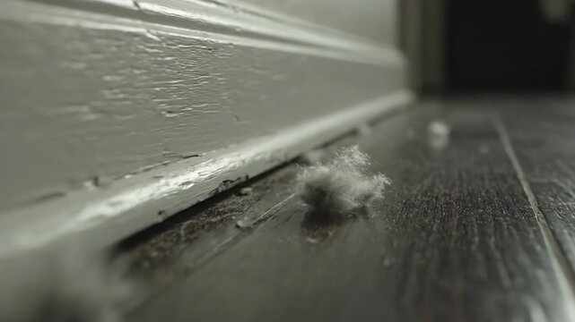 Dust bunnies accumulate along baseboard edge on a hardwood floor