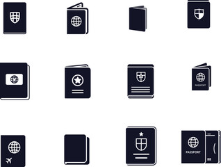 Passport icon set featuring various national symbols and designs for travel documents and identification purposes on a white background