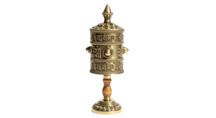 Traditional Handheld Tibetan Buddhist Mani Prayer Wheel artifact made of brass isolated on Transparent Background