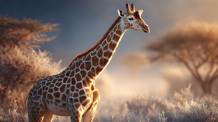 Majestic giraffe standing tall in golden African savanna at sunset, silhouetted against warm sky with acacia trees in background.