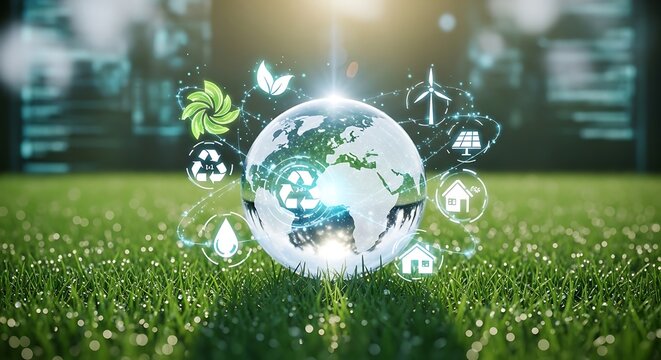 Digital earth with sustainable energy icons on lush green grass