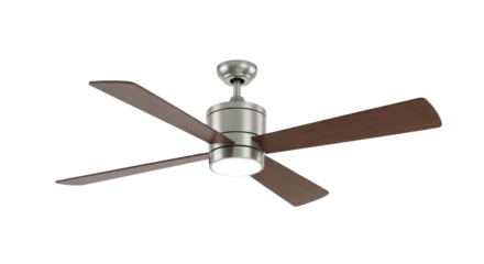 Modern Brushed Metal Ceiling Fan with Four Dark Wooden Blades and Integrated Light Fixture isolated on Transparent Background