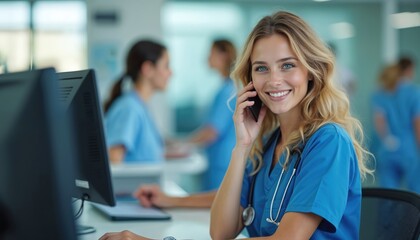 Young nurse smiles answers phone call working computer at hospital reception desk. Other staff busy in background clinic. Healthcare communication and multitasking.