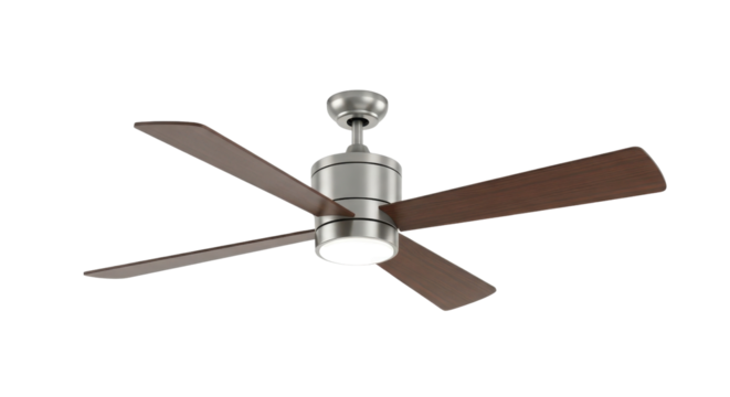 Modern Brushed Metal Ceiling Fan with Four Dark Wooden Blades and Integrated Light Fixture isolated on Transparent Background