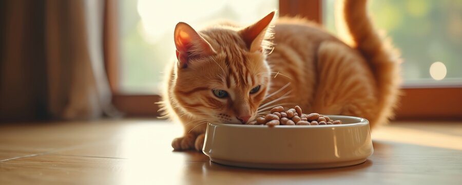 Orange tabby cat eats dry kibble from white ceramic bowl placed on wood floor near window. Soft natural light illuminates cute pet during mealtime. Focused feline enjoys food, seeking nourishment,