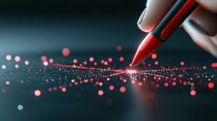 Close-up of a hand holding a red and black pen, drawing a line of glowing red dots and particles against a dark, blurred background. The light from the dots cre