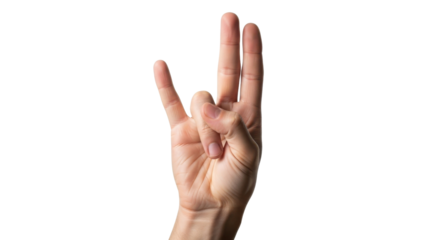 Human hand showing three raised fingers gesture for counting or communication isolated on Transparent Background