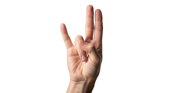 Human hand showing three raised fingers gesture for counting or communication isolated on Transparent Background