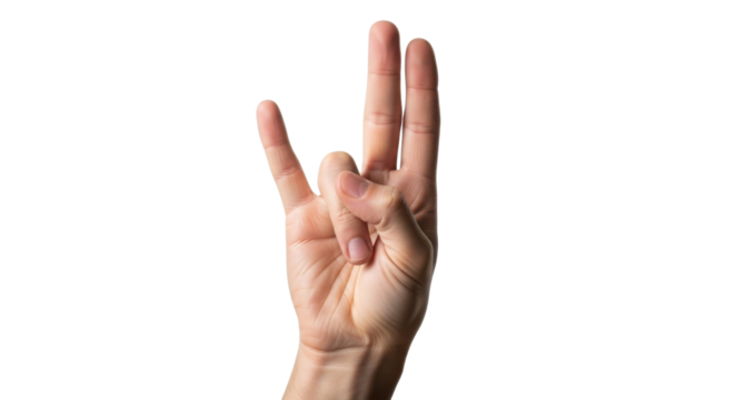 Human hand showing three raised fingers gesture for counting or communication isolated on Transparent Background