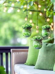 Three glass jars filled with green succulents and pebbles are hanging from thin strings. A light-colored sofa with green cushions is visible in the foreground.