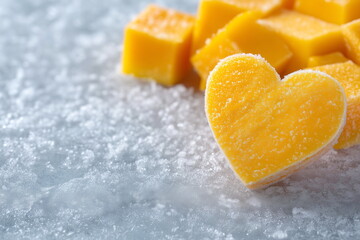 Background of frozen mango in the form of cubes and a heart shape. Advertisement for frozen berries and fruits. 