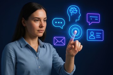 Digital Interface Interaction: A focused individual engages with a futuristic digital interface, seamlessly interacting with various icons representing communication and cognitive functions.