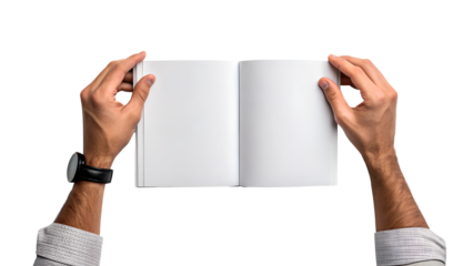 Male Hands Holding Open Blank Book Mockup on White Background