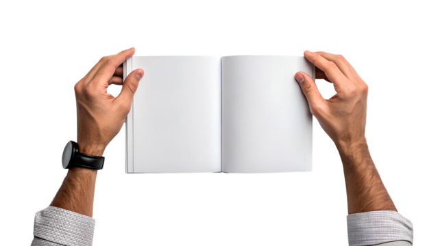 Male Hands Holding Open Blank Book Mockup on White Background